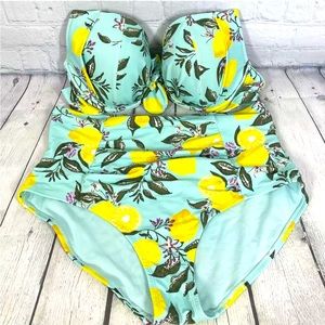 Adore Me Bikini Swim Retro 2 Piece Halter 40D High Waist 1X Tropical Lemons